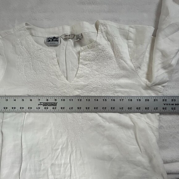 Edward Womens Irish Linen Split Neck Embroidered Top Blouse XL White Long Sleeve - Picture 6 of 7